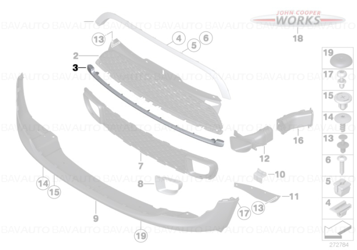 51117209904 - Ornament inferior negru lucuios grila centrala fata - Mini R55 R56 R57 R59 - Cooper S, Cooper SD, JCW | BavAUTO