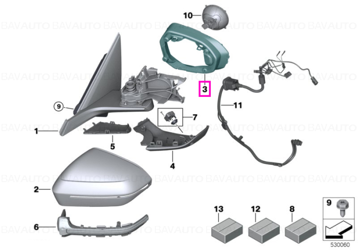 51169451955 - Inel suport oglinda exterioara stanga, Shadowline - BW Seria 5 G60 G61 G68 G90 G99 M5, Seria 7 G70 - Original BMW