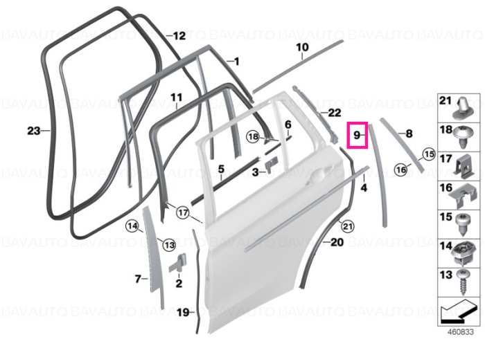 51357289657 - Window guide web cover left GLANZSCHWARZ - Original BMW