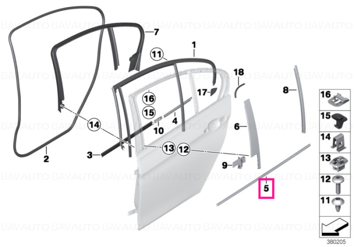 51357312910 - Channel seal, outer, door, rear right ALU MATT - Original BMW