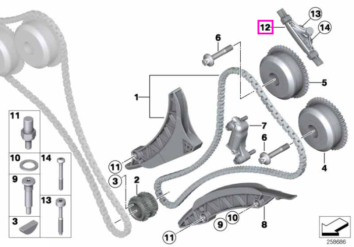 Sina superioara glisare lant distributie, cilindri 5-8 - BMW Seria 5 F07 F10 F11 G30 G31 F90 G90 G99 M5, Seria 6 F06 F12 F13, Seria 7 F01 F02 G11 G12 G70, Seria 8 G14 G15 G16 F91 F92 F93 M8, X5 F15 G05 M F85 M F95, X6 F16 G06 M F86 M F96, X7 G07, XM G09