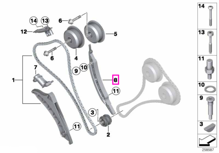 Sina ghidare lant distributie, cilindri 1-4 - BMW Seria 5 F07 F10 F11 G30 G31 F90 G90 G99 M5, Seria 6 F06 F12 F13, Seria 7 F01 F02 G11 G12 G70, Seria 8 G14 G15 G16 F91 F92 F93 M8, X5 F15 G05 M F85 M F95, X6 F16 G06 M F86 M F96, X7 G07, XM G09