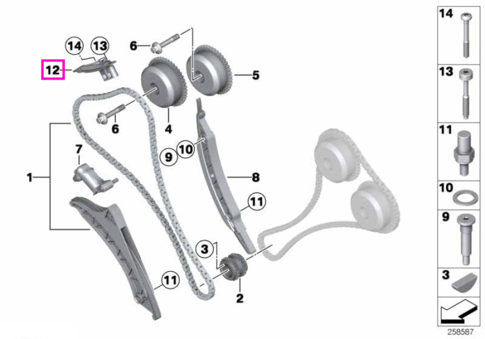 Sina superioara glisare lant distributie, cilindri 1-4 - BMW Seria 5 F07 F10 F11 G30 G31 F90 G90 G99 M5, Seria 6 F06 F12 F13, Seria 7 F01 F02 G11 G12 G70, Seria 8 G14 G15 G16 F91 F92 F93 M8, X5 F15 G05 M F85 M F95, X6 F16 G06 M F86 M F96, X7 G07, XM G09