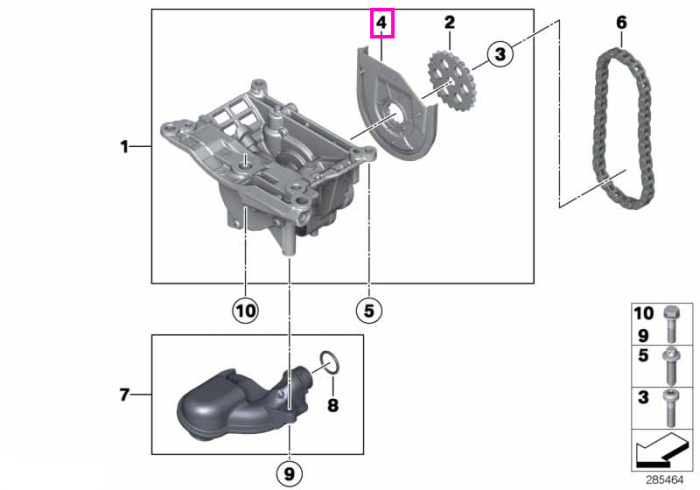 Capac protectie pinion pompa ulei - BMW Seria 1 F20 F21, Seria 3 E90 E91 E92 E93 F30 F31 F34, Seria 4 F32 F33 F36, Seria 5 F07 F10 F11, Seria 6 F06 F12 F13, Seria 7 F01 F02, X1 E84, X3 F25, X4 F26, X5 E70 F15, X6 E71 F16 - Mini R55 R56 R57 R58 R59 R60 R61