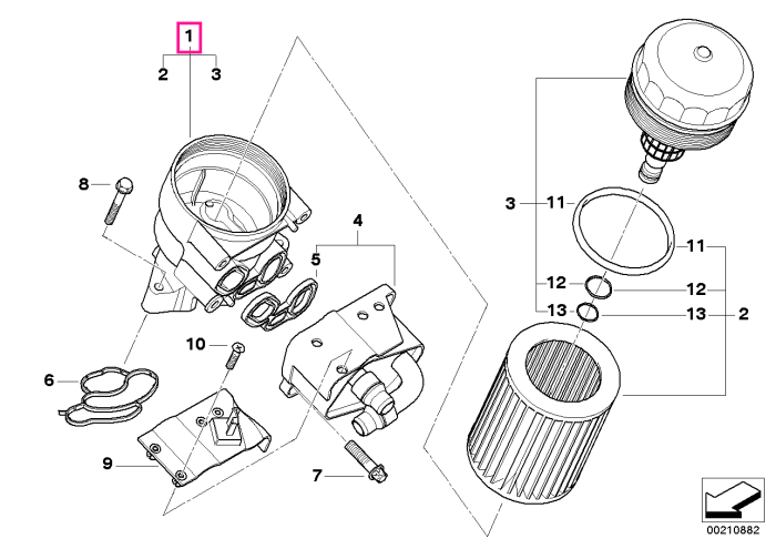 Ansamblu carcasa filtru ulei, cu filtru si capac incluse - BMW Seria 1 E81 E82 E87 E88, Seria 3 E46 E90 E91 E92 E93, Seria 5 E60 E61, X1 E84, X3 E83, Z4 E85