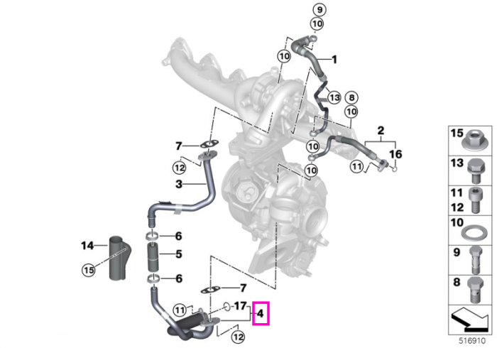 Conducta ulei retur turbocompresor - BMW Seria 3 G20 G21, Seria 4 G22 G23 G26, Seria 5 G30 G31 G60 G61, Seria 6 G32, Seria 7 G11 G12 G70, Seria 8 G14 G15 G16, X3 G01, X4 G02, X5 G05, X6 G06, X7 G07