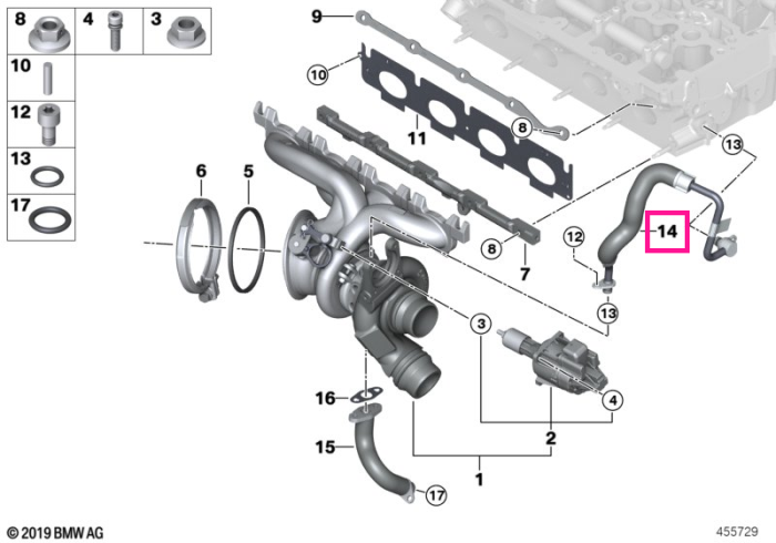 Conducta alimentare ulei turbocompresor - BMW Seria 1 F20 F21, Seria 2 F22 F23 F45 F46, Seria 3 F30 F31 F34 G20, Seria 4 F32 F33 F36, G22 G26, Seria 5 G30 G31, Seria 6 G32, Seria 7 G11 G12, X1, X2, X3, X4 - Mini F57, F54, F60, F55, F56