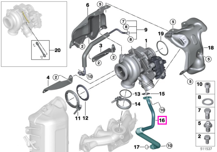 Conducta retur ulei turbina - BMW Seria 2 F45 F46, X1 F48, X2 F39 - Mini Cabrio F57, Clubman F54, Countryman F60, F55, F56