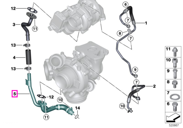 Conducta retur ulei turbocompresor - BMW Seria 5 G30 G31, Seria 6 G32, Seria 7 G11 G12, Seria 8 G14 G15 G16, X3 G01, X4 G02 - tip motor B57