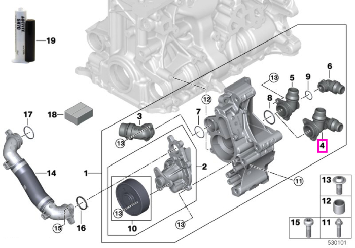 Racord circuit racire (NW16+NW20) - BMW Seria 2 G42, Seria 3 G20 G21 G28, Seria 4 G22 G23 G26, Seria 5 G30 G31 G60 G61, Seria 6 G32, Seria 7 G11 G12, X3 G01 G45, X4 G02, X5 G05, X6 G06, Z4 G29