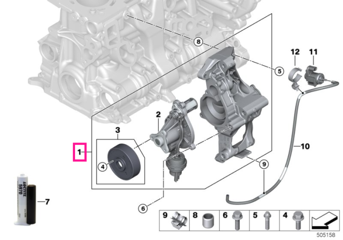 Pompa apa cu suport - BMW Seria 1 F20 F21, Seria 2 F22 F23, Seria 3 F30 F31 F34 F35 G20, Seria 4 F32 F33 F36 G22 G26, Seria 5 G30 G31 G38, Seria 6 G32, Seria 7 G11 G12, X3 G01 G08, X4 G02