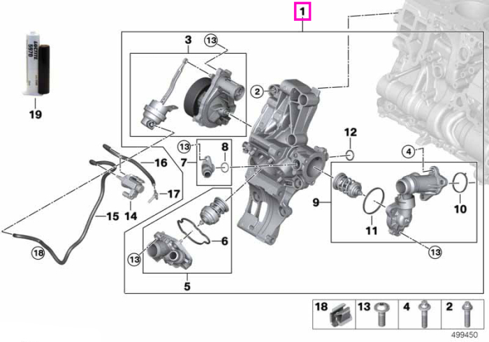 Pompa apa cu componente montate - BMW Seria 1 F40, Seria 2 F44 F45 F46, X1 F48, X2 F39 - Mini Cabrio F57, Clubman F54, Countryman F60, F55, F56