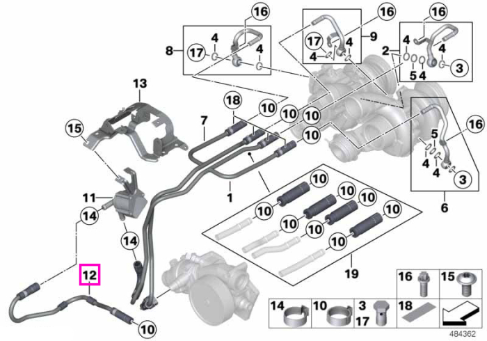 Furtun legatura sistem racire turbocompresor - BMW Seria 5 F10, Seria 6 F06 F12 F13 - tip motor S63N