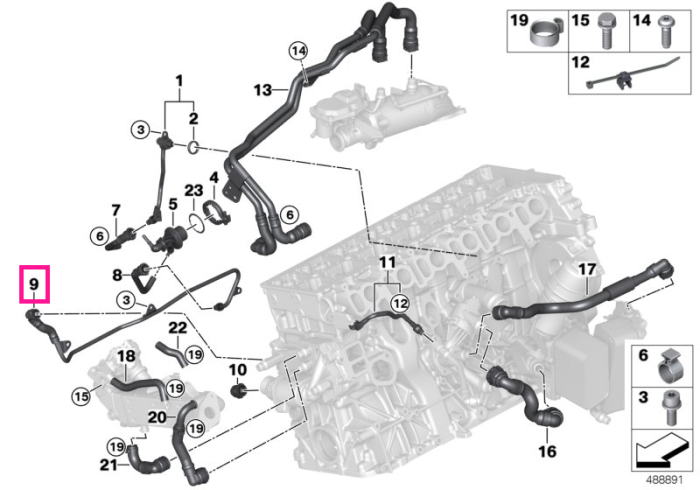 Conducta lichid racire, modul dozare SCR / termostat motor - BMW Seria Seria 3 G20 G21, Seria 5 G30 G31, Seria 6 G32, Seria 7 G11 G12, X3 G01, X4 G02, X5 G05, X6 G06, X7 G07