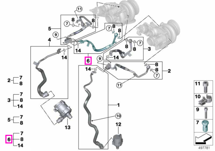 Conducta retur lichid racire turbina (cilindrii 5–8) - BMW Seria 5 G30 G31, Seria 7 G11 G12, Seria 8 G16, X5 G05, X7 G07