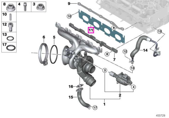 Garnitura, galerie de evacuare - BMW Seria 1 F20 F21 F52, Seria 2 F22 F23 F45 F46, Seria 3 F30 F31 F34 F35 G20, Seria 4 F32 F33 F36 G22 G26, Seria 5 G30 G31 G38, Seria 6 G32, Seria 7 G11 G12, X1 F48 F49, X2 F39, X3 G01 G08, X4 G02 - Mini