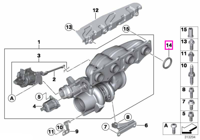 Garnitura inel turbocompresor evacuare - BMW Seria 1 F20 F21, Seria 2 F22 F23, Seria 3 F30 F31 F34 F35, Seria 4 F32 F33 F36, Seria 5 F07 F10 F11 F18, X1 E84, X3 F25, X4 F26, X5 F15, X6 F16, Z4 E89