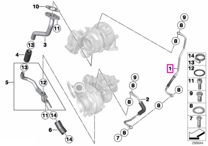 Conducta tur ulei turbocompresor evacuare - BMW Seria 1 F20 F21, Seria 2 F22, Seria 3 F30 F31 F34, Seria 4 F32 F33, Seria 5 F10 F11, X1 E84, X5 F15 - tip motor N47S1
