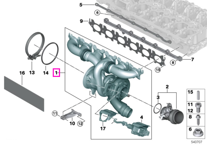Ansamblu turbina cu galerie de evacuare, preasamblate - BMW Seria 2 G42, Seria 3 G20 G21, Seria 4 G22 G23 G26, X3 G01, X4 G02, Z4 G29 - tip motor B58D