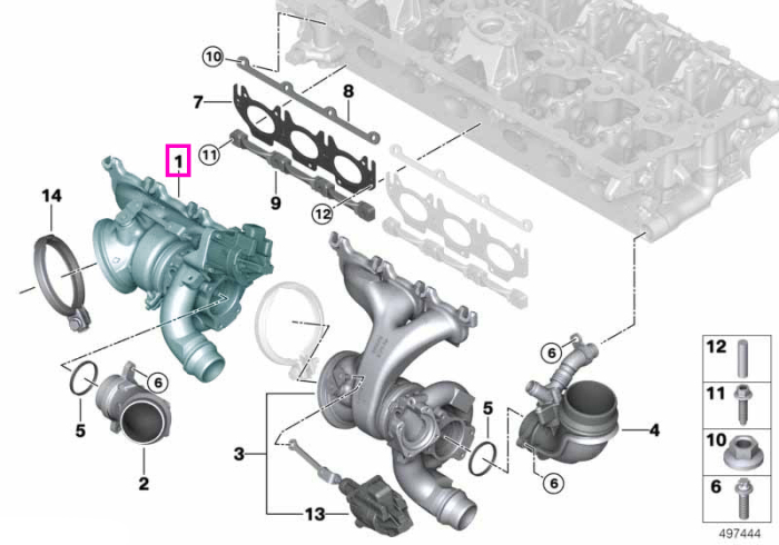 Turbocompresor cu galerie evacuare (cilindri 4-6) - BMW Seria 2 G87 M2, Seria 3 G20 G21 G80 G81 M3, Seria 4 G82 G83 M4, X3 F97 M, X4 F98 M