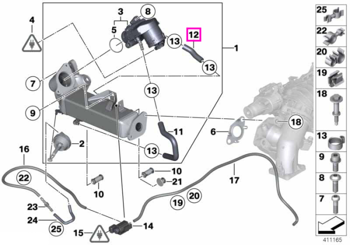 Furtun racitor EGR - BMW Seria 1 F20 F21, Seria 2 F22, Seria 3 E90 E91 E92 E93 F30 F31 F34, Seria 4 F32 F33 F36, Seria 5 F07 F10 F11, Seria 6 F06 F12 F13, Seria 7 F01 F02, X1 E84, X3 F25, X4 F26, X5 E70 F15, X6 E71 F16