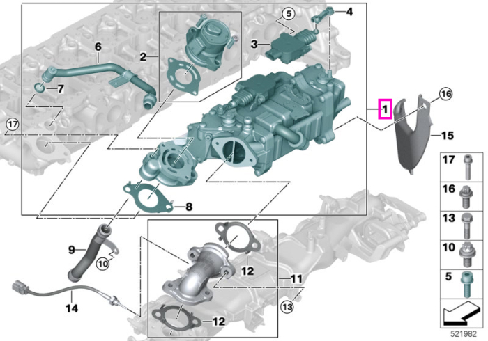 Modul de recirculare a gazelor arse (EGR) cu racitor - BMW Seria 3 G20 G21, Seria 4 G22 G23 G26, Seria 5 G30 G31 G60 G61, Seria 6 G32, Seria 7 G11 G12 G70, Seria 8 G14 G15 G16, X3 G01 G45, X4 G02, X5 G05, X6 G06, X7 G07