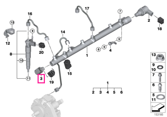 Senzor presiune rampa injectoare - BMW Seria 1 E87, Seria 3 E46 E90 E91 E92 E93, Seria 5 E60 E61, Seria 6 E63 E64, Seria 7 E65 E66, X3 E83, X5 E53 E70, X6 E71