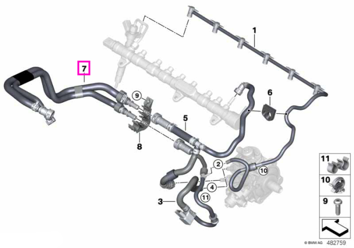 Conducta combustibil, compartiment motor - BMW Seria 5 G30 G31, Seria 7 G11 G12 - tip motor B47