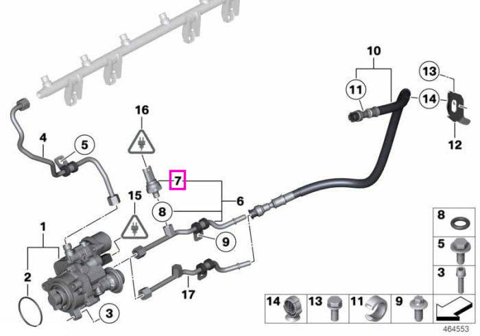 Senzor presiune combustibil - BMW Seria 1 E81 E82 E87 E88, Seria 3 E90 E91 E92 E93, Seria 5 E60 E61 F07 F10 F11 F18, Seria 6 E63 E64 F12, Seria 7 F01 F02, X6 E71 - BMW Motorrad K70 K71 K72 K73 K75 K80 K81 K82 K83 K84