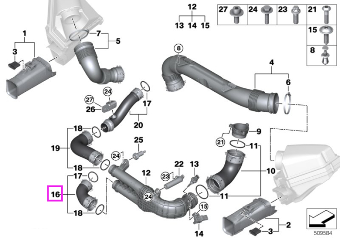 Tubulatura admisie aer cilindri 1-3 - BMW Seria 2 G87M2, Seria 3 G20 G21 G80M3 G81M3, Seria 4 G26 G82M4 G83M4, X3 F97M, X4 F98M