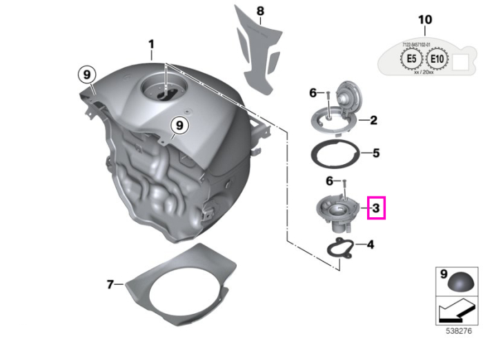Tub de umplere rezervor - BMW Motorrad K27 (R 1200 R), K42 (HP4), K46 (S 1000 RR), K47 (S 1000 R)