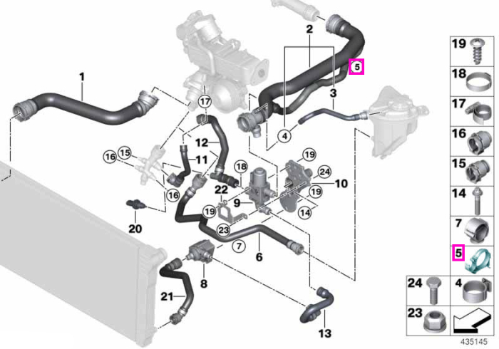Colier dublu fixare conducte, sistem racire - BMW Seria 5 F07 F10 F11, X3 F25, X5 F15