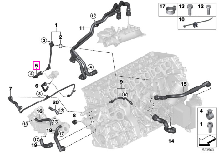 Furtun chiulasa, racire modul dozare SCR - BMW Seria 3 G20 G21, Seria 5 G30 G31, Seria 6 G32, Seria 7 G11 G12, Seria 8 G14 G15 G16, X3 G01, X4 G02, X5 G05, X6 G06, X7 G07