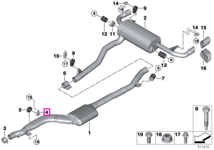 Suport intermediar sistem evacuare - BMW Seria 5 G30 G31, Seria 6 G32, Seria 7 G11 G12, Seria 8 G14 G15 G16, X3 G01 G08, X4 G02