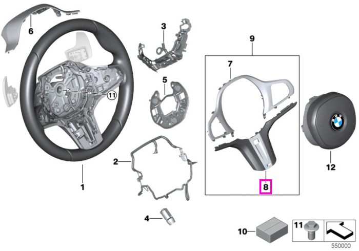 Ornament decorativ inferior volan - BMW Seria 1 F40, Seria 2 F44 G42, Seria 3 G20 G21 G28, Seria 4 G22 G23 G26, i3L G28, i4 G26, Z4 G29