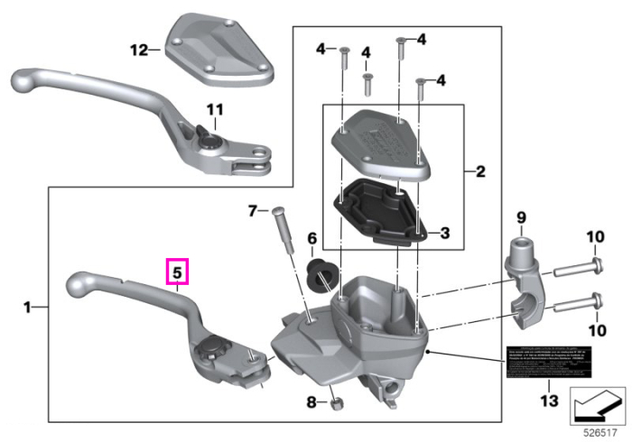 Maneta frana fata - BMW Motorrad K21 (R nineT), K48 (K 1600 GT, K 1600 GTL), K50 (R 1200 GS, R 1250 GS), K51 (R 1200 GS Adv., R 1250 GS Adv.), K52 (R 1200 RT, R 1250 RT), K53 (R 1200 R, R 1250 R), K54 (R 1200 RS, R 1250 RS), K61 (K 1600 Bagger)