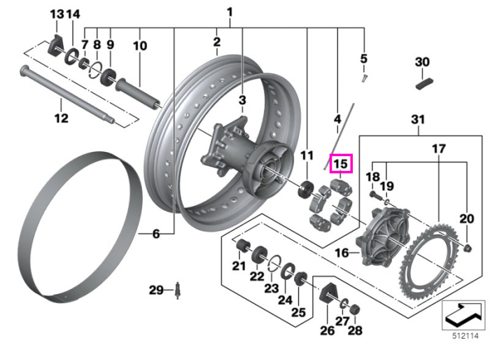 Amortizor cauciuc butuc roata spate - BMW Motorrad K14 (F 650 CS), K70 (F 700 GS), K71 (F 800 S, F 800 ST, F 800 GT), K72 (F 650 GS, F 800 GS), K73 (F 800 R), K75 (F 800 GS Adventure)