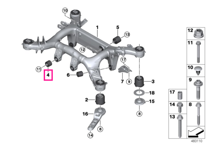 Bucsa cauciuc spre fata, cadru suport punte spate - BMW Seria 5 F90 M5 G30 G31 G38, Seria 6 G32, Seria 7 G11 G12, Seria 8 G14 G15 G16, X5 G05 G18 F95 M, X6 G06 F96 M, X7 G07