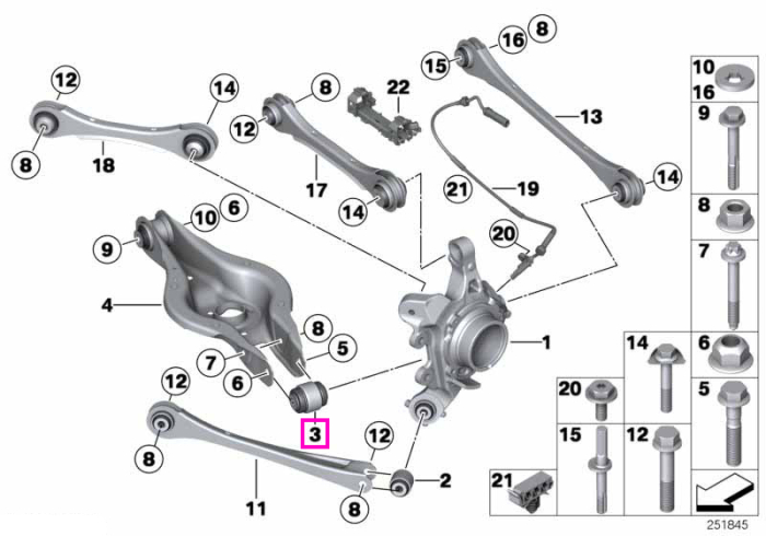 Pivot brat inferior suspensie spate - BMW Seria 1 E81 E82 E87 E88 F20 F21, Seria 2 F22 F23 F87 M2, Seria 3 E90 E91 E92 E93 F30 F31 F34 F35 F80 M3, Seria 4 F32 F33 F36 F82 F83 M4, i8 I12 I15, MS BMW Motorsport, X1 E84