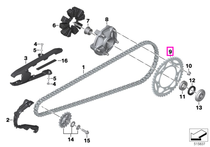 Pinion lant spate, Z=44 dinti - BMW Motorrad K80 (F 750 GS, F 800 GS), K81 (F 850 GS, F 900 GS), K82 (F 850 GS Adv., F 900 GS Adv.), K83 (F 900 R), K84 (F 900 XR) - tip motor A24