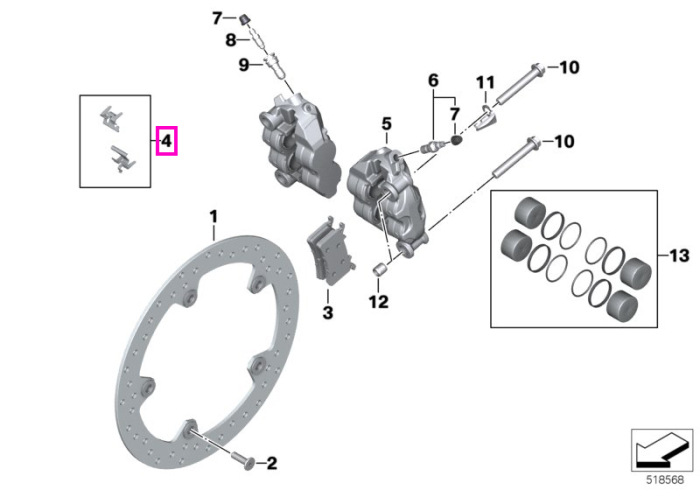 Set piese fixare placute frana, fata, varianta M - BMW Motorrad K66 (M 1000 RR), K67 (S 1000 RR), KM3 (M 1000 R), KM9 (M 1000 XR) - tip motor A67