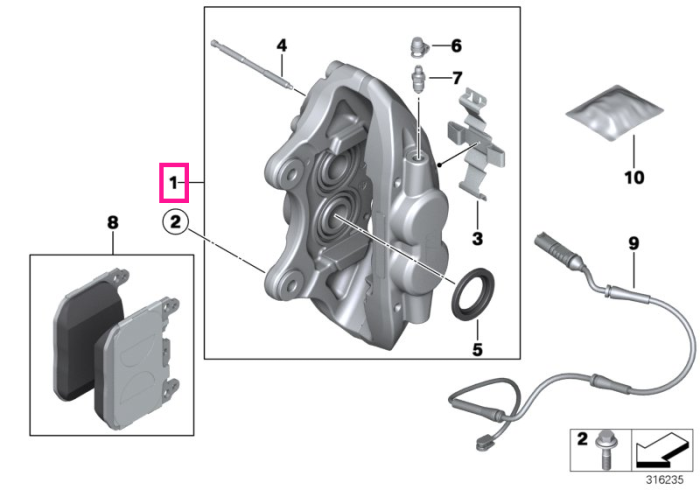 Carcasa etrier, partea dreapta - BMW Seria 1 F20 F21 LCI, BMW Seria 2 F22 F22 LCI F23 F23 LCI, BMW Seria 3 F30 F30 LCI F31 F31 LCI F34 GT F34 GT LCI, BMW Seria 4 F32 F32 LCI F33 F33 LCI F36 F36 LCI