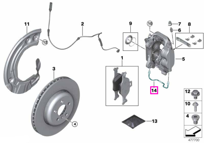 Conducta frana, punte fata - BMW Seria 2 G42, Seria 3 G20 G21, Seria 4 G22 G23 G26, Seria 5 G30 G31, Seria 6 G32, Seria 7 G11 G12, i3 G28, i4 G26, iX3 G08, X3 G01, X4 G02, X5 G05 G18, X6 G06