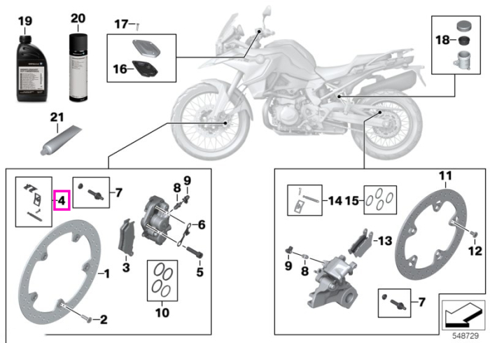 Set piese fixare placute frana, fata, stanga - BMW Motorrad K80 (F 750 GS, F 800 GS), K81 (F 850 GS, F 900 GS), K82 (F 850 GS Adventure, F 900 GS Adventure), KR2 (R 12 G/S)