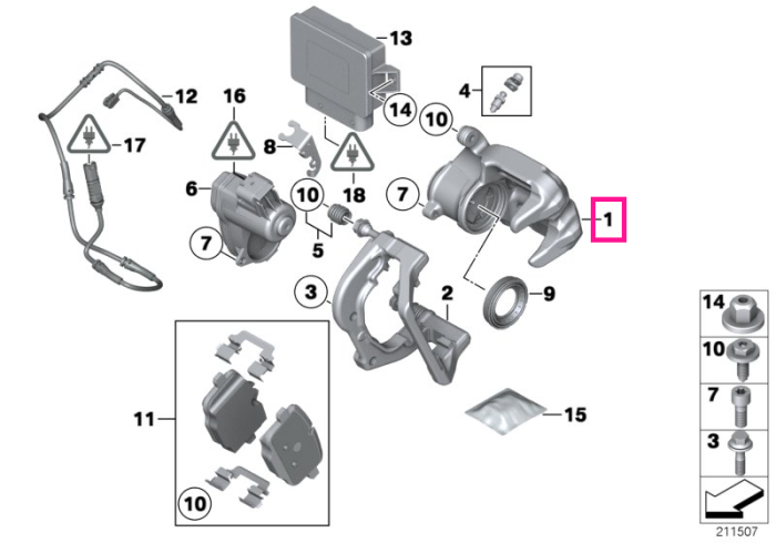 Mecanism etrier sistem franare punte spate, dreapta - BMW Seria 5 F10 F11, Seria 6 F06 F12 F13	