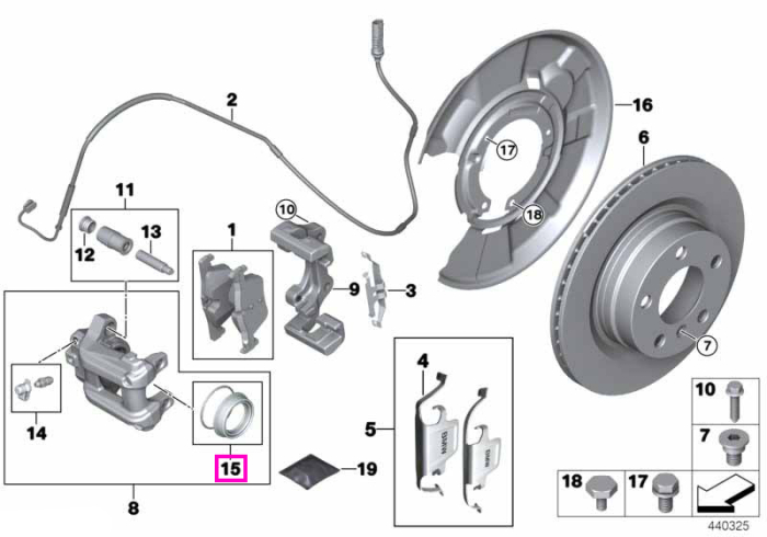Kit reparatie etrier frana, punte spate - BMW Seria 1 F20 F21, Seria 2 F22 F23, Seria 3 F30 F31 F34 F35, Seria 4 F32 F33 F36