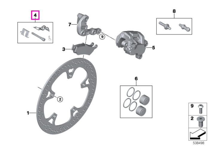Set piese fixare placute frana, spate - BMW Motorrad KA1 (R 1300 GS), KA2 (R 1300 GS Adventure), KA3 (R 1300 RT), KA4 (R 1300 R), KA5 (R 1300 RS) - tip motor A75