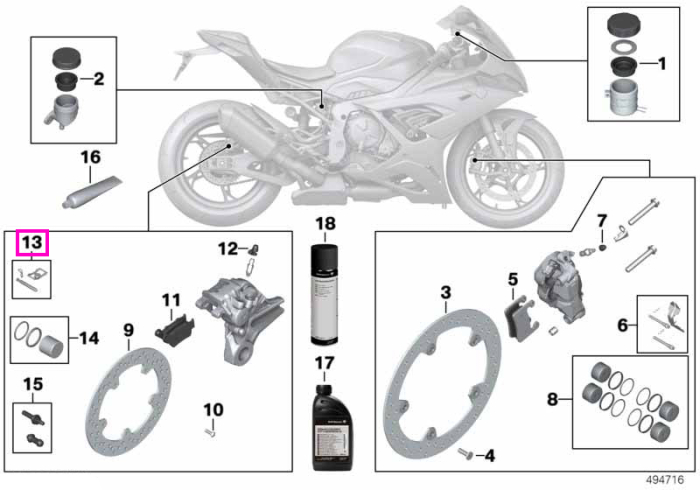 Set piese fixare placute frana, spate - BMW Motorrad K63 (S 1000 R), K67 (S 1000 RR), K80 (F 750 GS, F 800 GS), K81 (F 850 GS, F 900 GS), K82 (F 850 GS Adventure, F 900 GS Adventure), K83 (F 900 R), K84 (F 900 XR), KM3 (M 1000 R)
