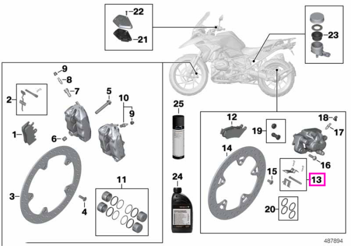 Set piese fixare placute frana, spate - BMW Motorrad K50 (R 1200 GS, R 1250 GS), K51 (R 1200 GS Adventure, R 1250 GS Adventure), K52 (R 1200 RT, R 1250 RT), K53 (R 1200 R, R 1250 R), K54 (R 1200 RS, R 1250 RS) - tip motor A74