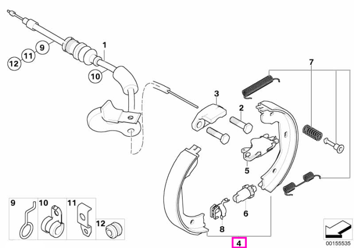 Kit reparatie saboti frana de mana, fara azbest - BMW Seria 3 E46, Seria 5 E39 E60 E61, Seria 6 E63 E64, Seria 7 E65 E66, X3 E83, X5 E53, Z4 E85 E86